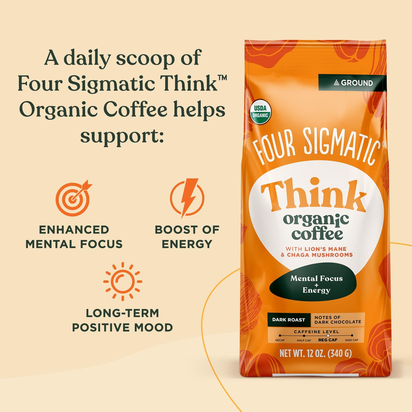 Four Sigmatic Organic Ground Mushroom Coffee | Dark Roast Gourmet Coffee with Lion's Mane & Chaga | 12oz