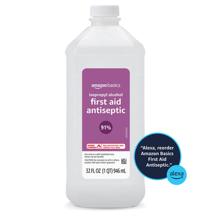 Amazon Basics 91% Isopropyl Alcohol First Aid Antiseptic Liquid, Unflavored, 32 Fl Oz (Pack of 6) (Previously Solimo)