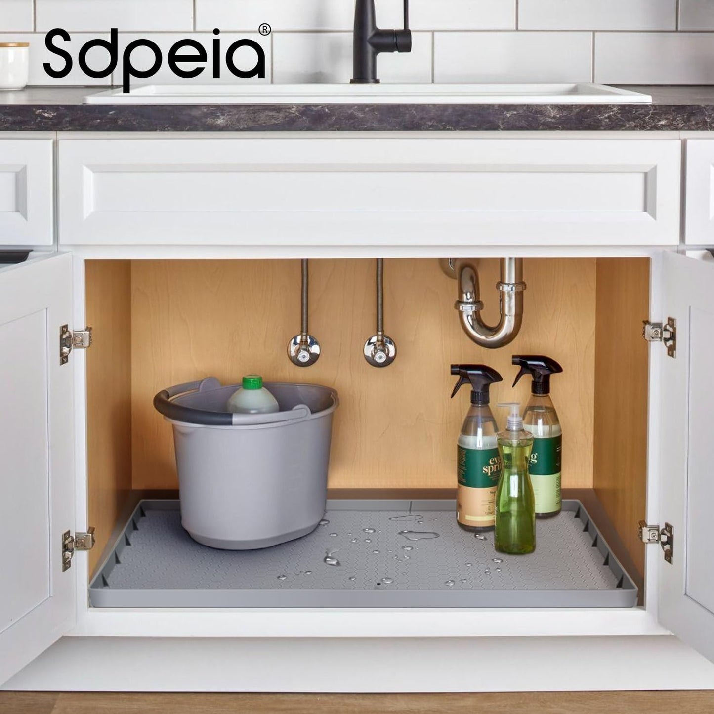 Sdpeia Under Sink Mat for [34" x 22"] Cabinet, Silicone Waterproof Mat, Kitchen Cabinet Liner Holds Over 2.2 Gallons, Cabinet Protector, Under Sink Tray for Drips, Leaks, Spills (Grey)