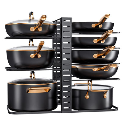 MUDEELA Pots and Pans Organizer : Rack under Cabinet, 8-Tier Kitchen Cabinet Organizers and Storage, Light-Duty Adjustable Pot Racks, Pot Organizers inside Cabinet with 3 DIY Methods