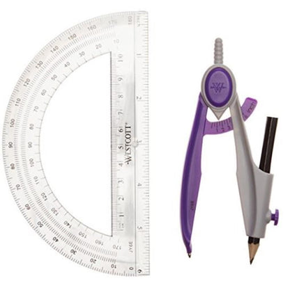 Westcott 14558 2-Piece Compass and Protractor Set with New Plastic Pencil for Math, Geometry