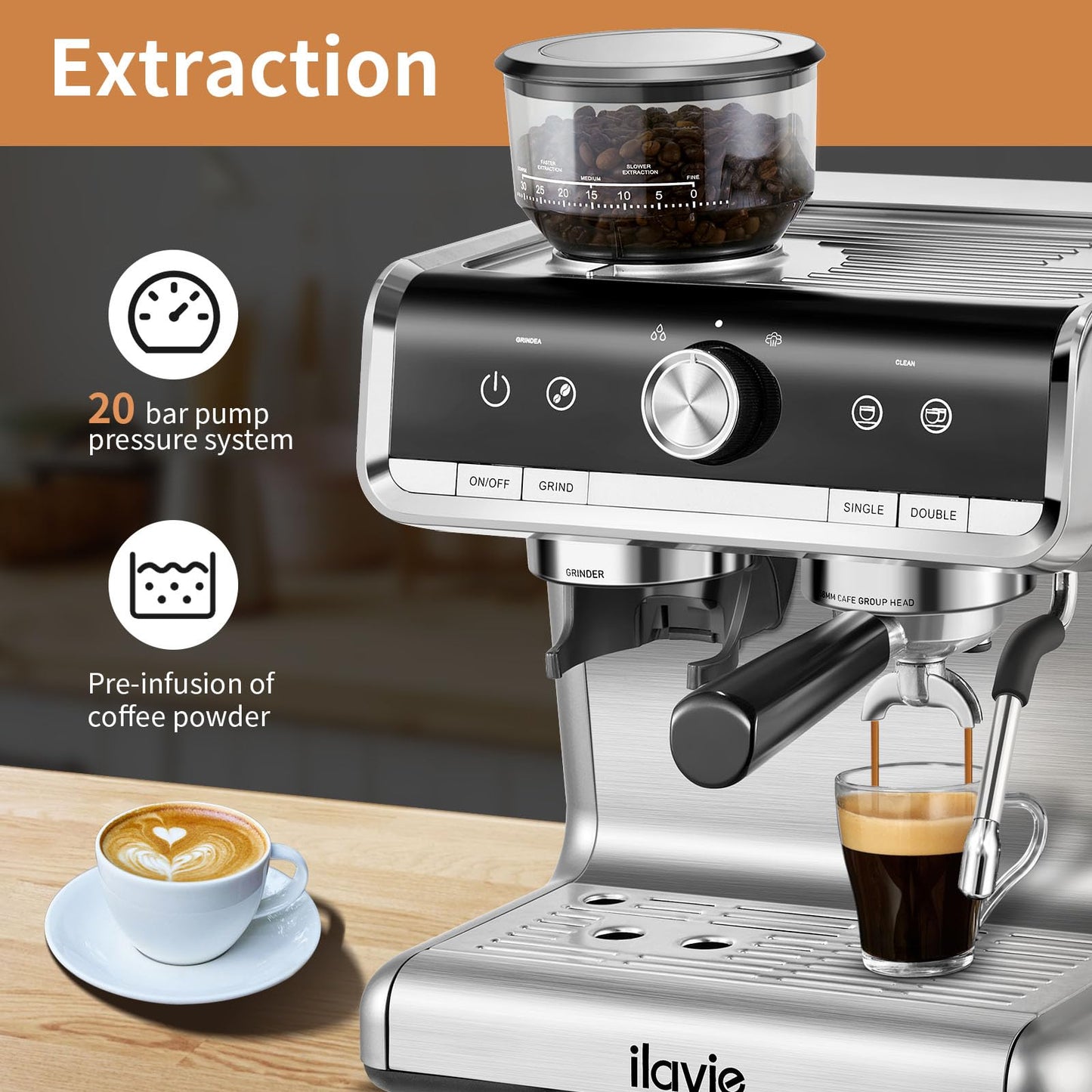 ILAVIE Espresso Machine with Grinder, Barista Espresso Maker for Home, 20 Bar Super-Automatic Espresso Machines for Espresso & Cappuccina & Latte, 2.8L Water Tank, 1450W
