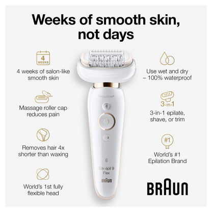 Braun Epilator Silk-épil 9 9-030 with Flexible Head, Facial Hair Removal for Women and Men, Hair Removal Device, Shaver & Trimmer, Cordless, Rechargeable, Wet & Dry, Beauty Kit with Body Massage Pad