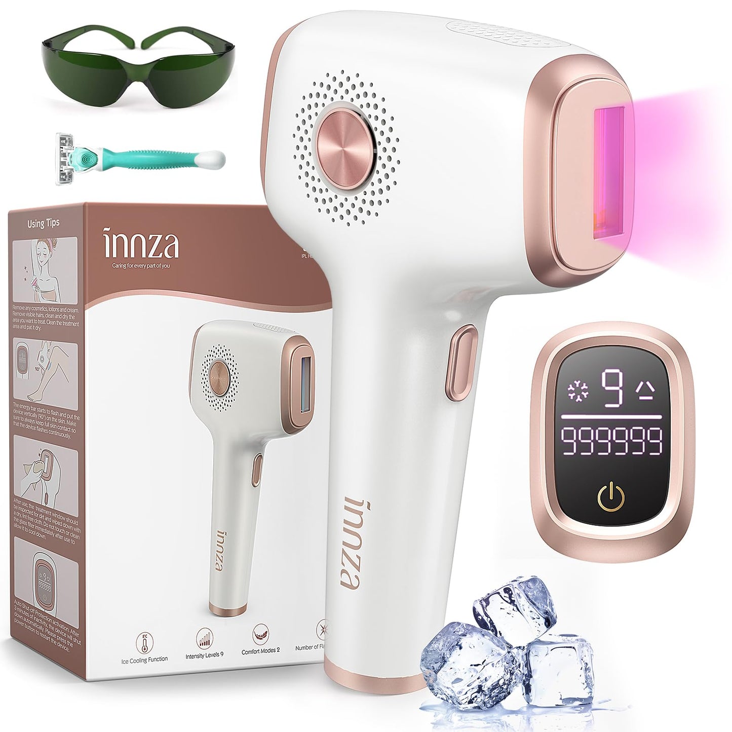 INNZA Laser Hair Removal with Ice Cooling Care Function for Women Permanent,999,999 Flashes Painless IPL Hair Remover, Hair Removal Device for Armpits Legs Arms Bikini Line (1-White)