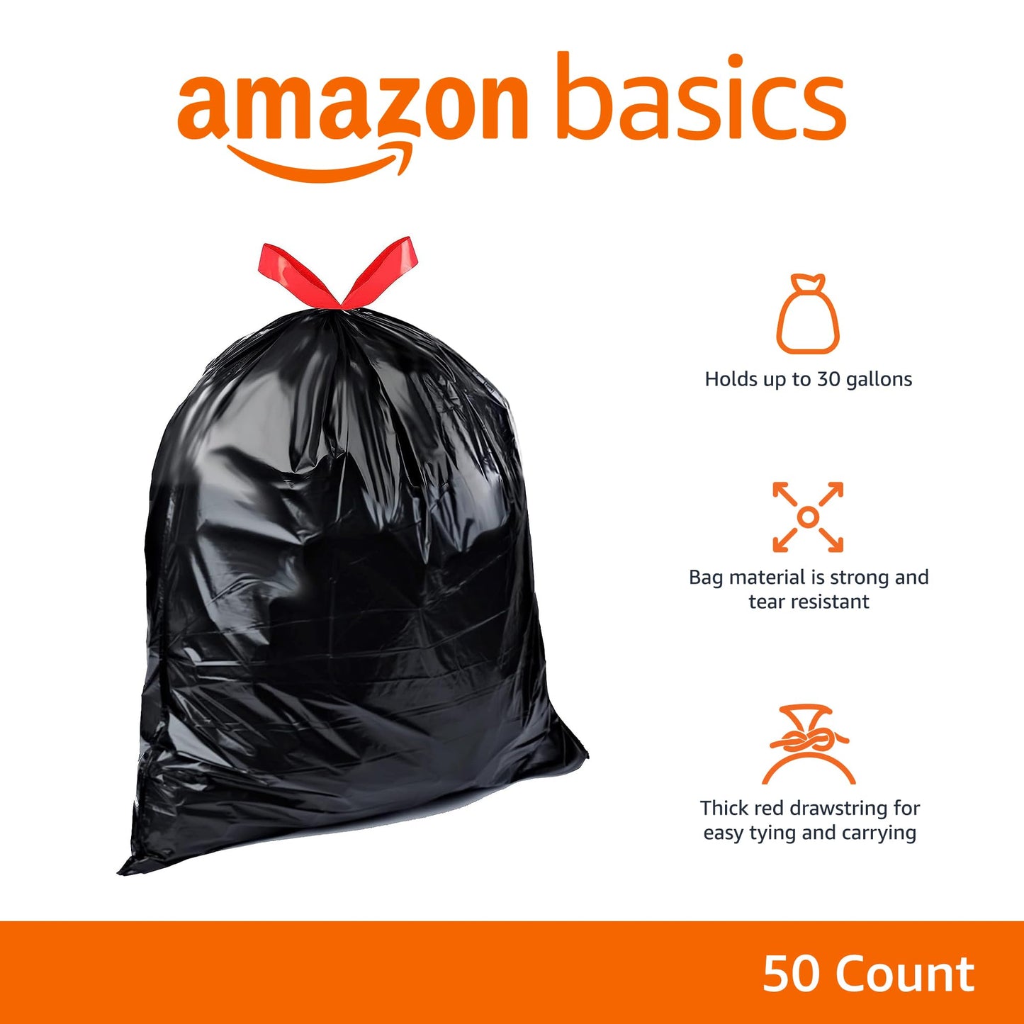 Amazon Basics Multipurpose Drawstring Trash Bags, Unscented, 30 Gallon, 50 Count (Previously Solimo)