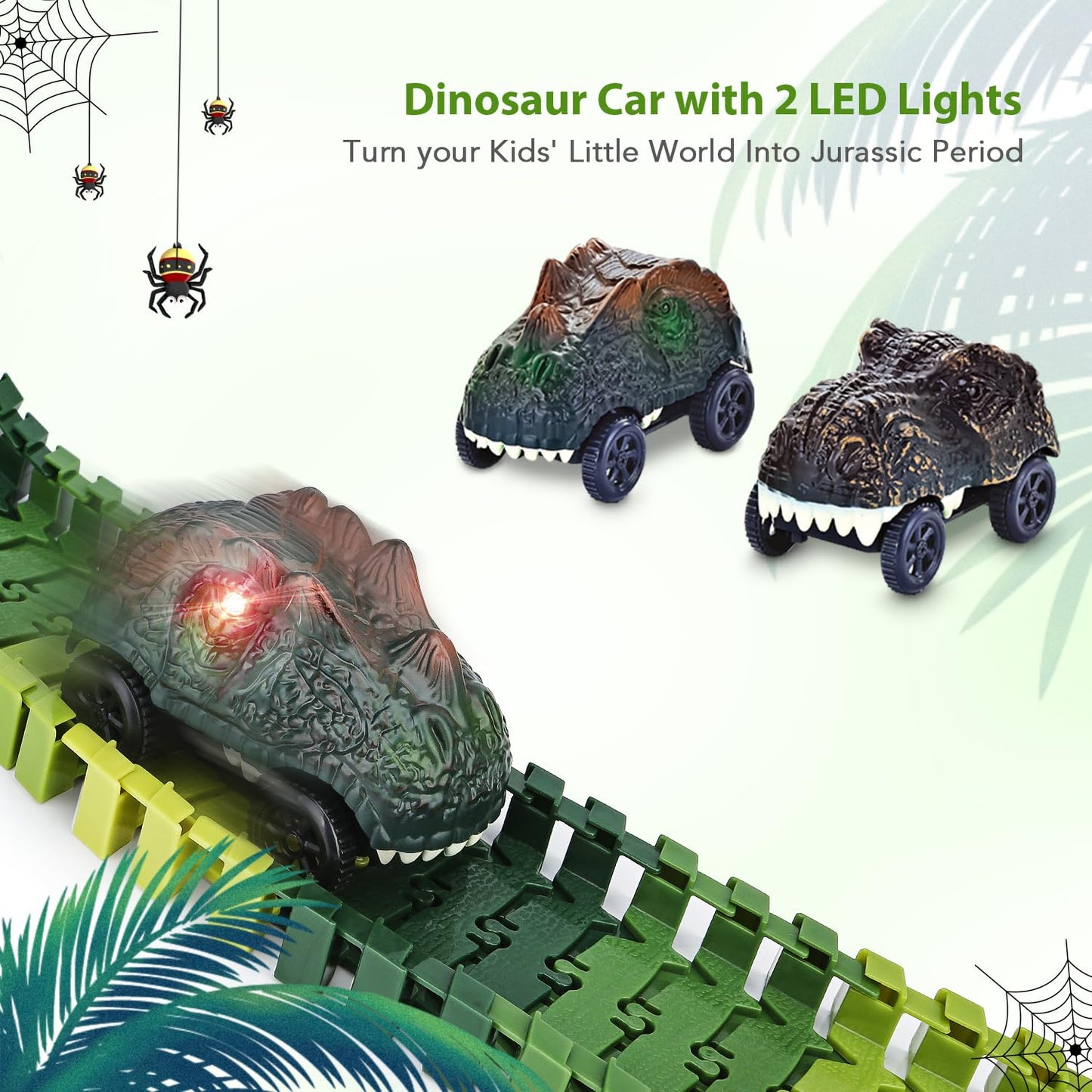 Dinosaur Toys,Create A Dinosaur World Road Race,Flexible Track Playset and 2 pcs Cool Dinosaur car for 3 4 5 6 Year & Up Old boy Girls Best Gift