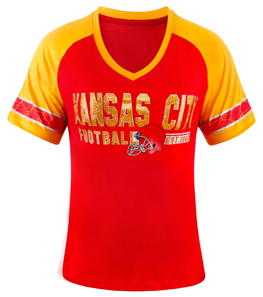 Womens City Football Fans Vintage Sporty V Neck Tee Shirts - Red & Yellow Size: X-Large