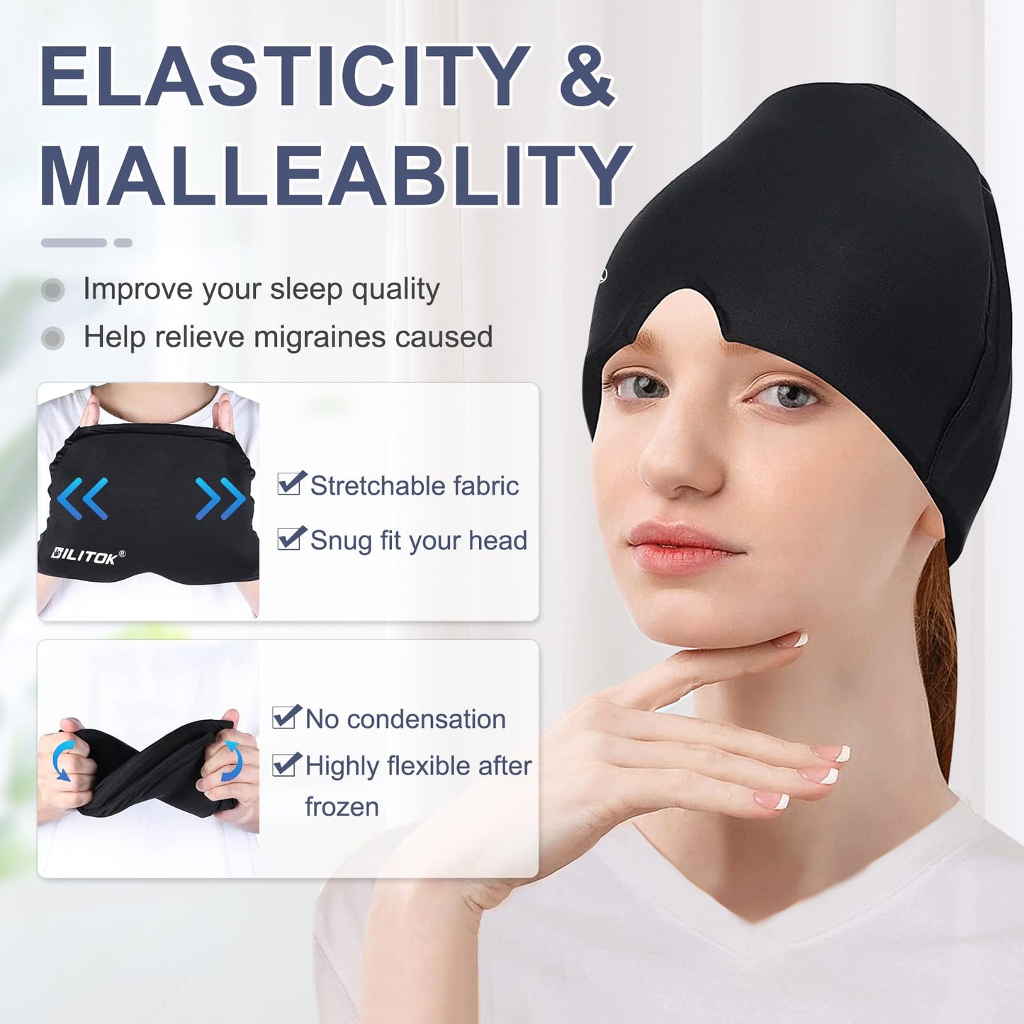 EXQUISLIFE Migraine Headache Relief Cap, Gel Ice Head Wrap, Hot and Cold Therapy, Headache Eyes Mask for Sinus, Puffy Eyes, Tension and Stress Relief (Black)