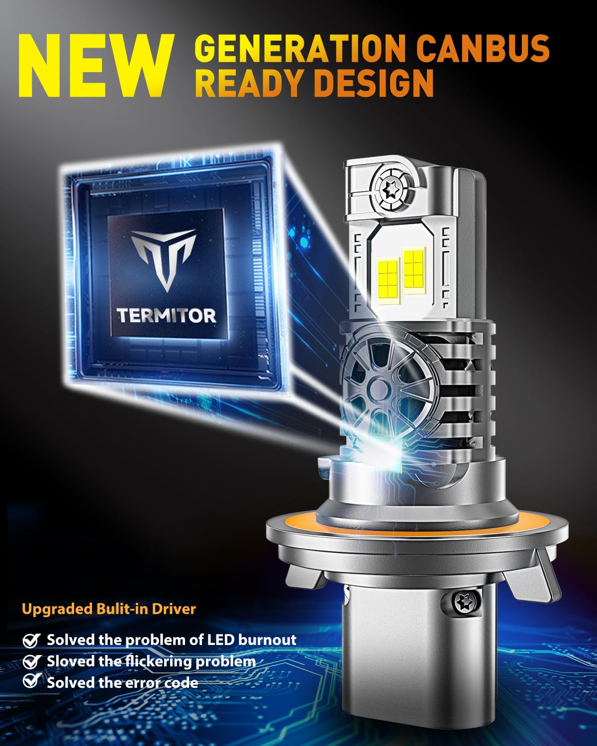 Termitor 2024 Upgraded H13/9008 LED Bulbs, 30000LM 800% Ultra Brightness, 1:1 Halogen Size, 6500K Cool White, Canbus Ready, Plug and Play, Pack of 2