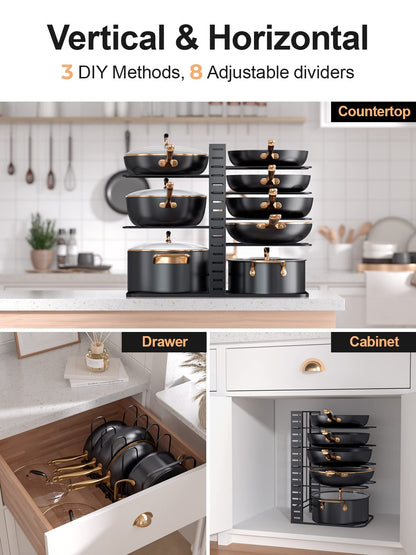 MUDEELA Pots and Pans Organizer : Rack under Cabinet, 8-Tier Kitchen Cabinet Organizers and Storage, Light-Duty Adjustable Pot Racks, Pot Organizers inside Cabinet with 3 DIY Methods