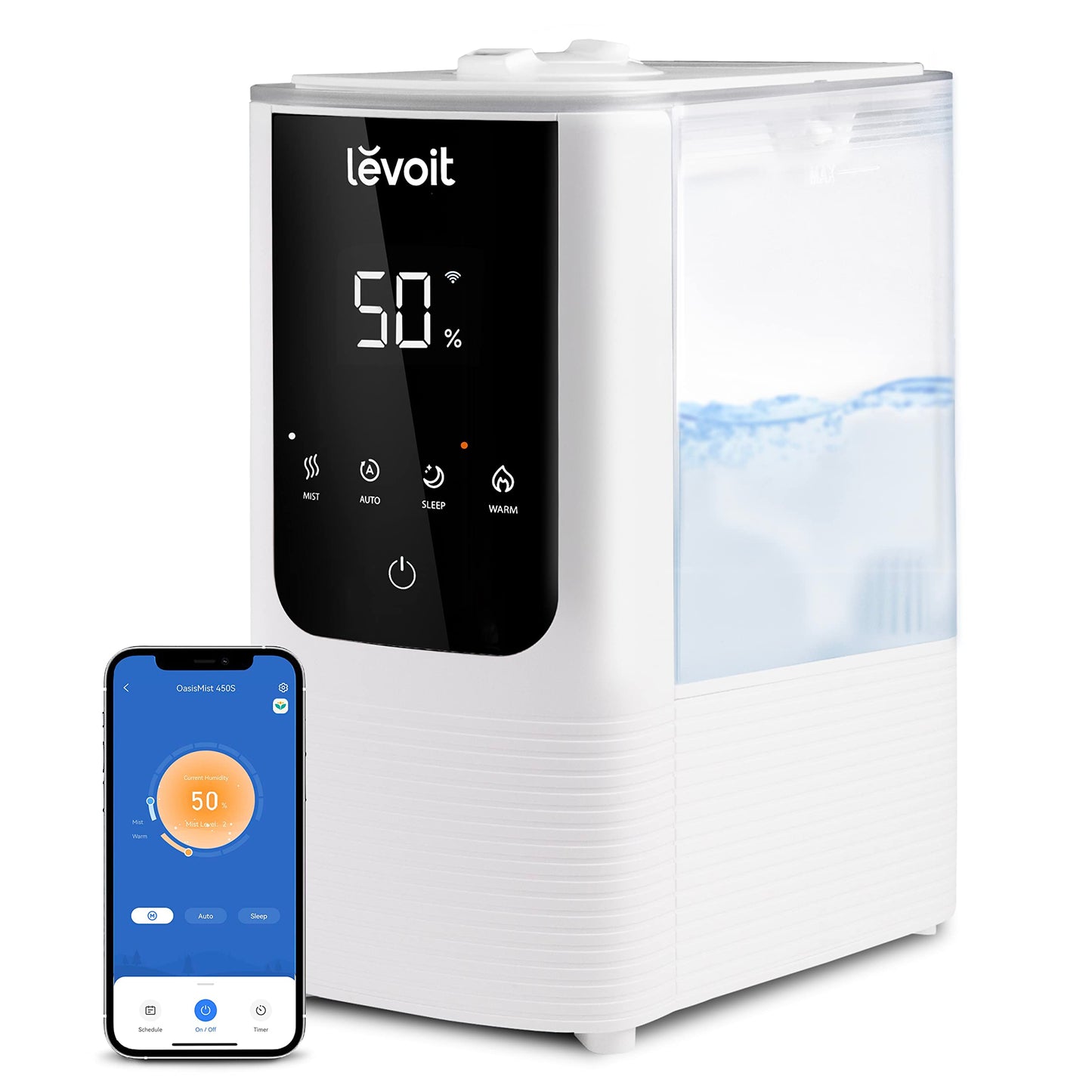 LEVOIT Humidifiers for Bedroom Home, Smart Warm and Cool Mist Air Humidifier for Large Room, Auto Customized Humidity, Fast Symptom Relief, Easy Top Fill, Essential Oil, Quiet, OasisMist4.5L, White