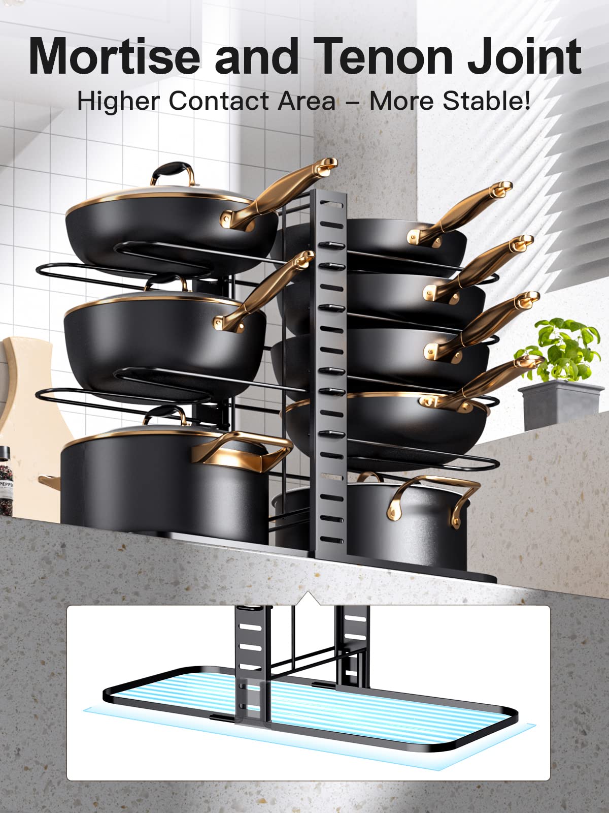 MUDEELA Pots and Pans Organizer : Rack under Cabinet, 8-Tier Kitchen Cabinet Organizers and Storage, Light-Duty Adjustable Pot Racks, Pot Organizers inside Cabinet with 3 DIY Methods