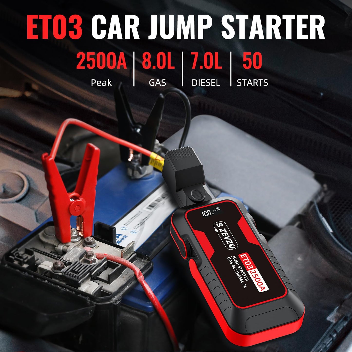 S ZEVZO ET03 Car Jump Starter 2500A Jump Starter Battery Pack for Up to 8.0L Gas and 7.0L Diesel Engines, 74Wh Portable 12V Jump Box with USB Ports, LCD Display, Storage Case, and LED Light