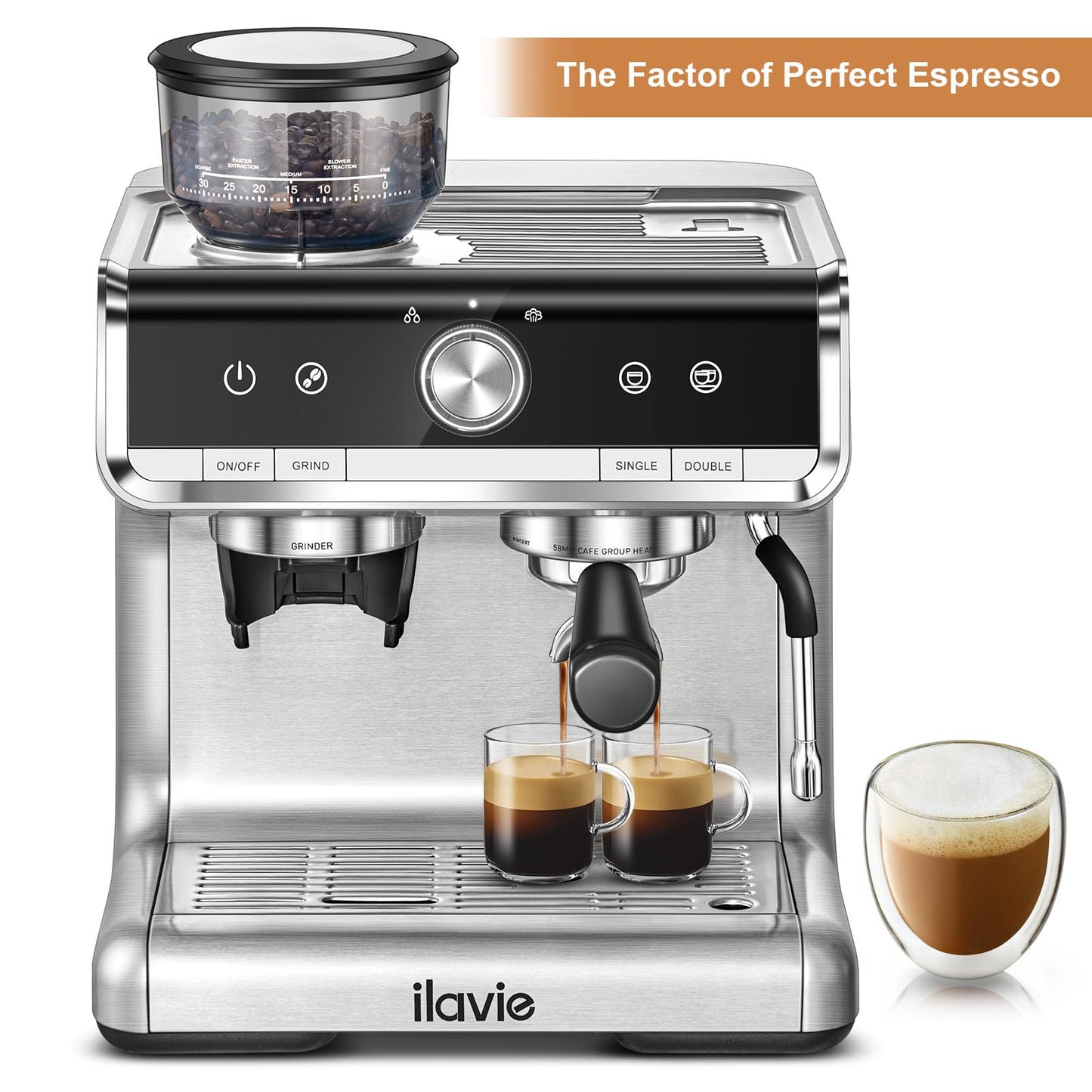 ILAVIE Espresso Machine with Grinder, Barista Espresso Maker for Home, 20 Bar Super-Automatic Espresso Machines for Espresso & Cappuccina & Latte, 2.8L Water Tank, 1450W