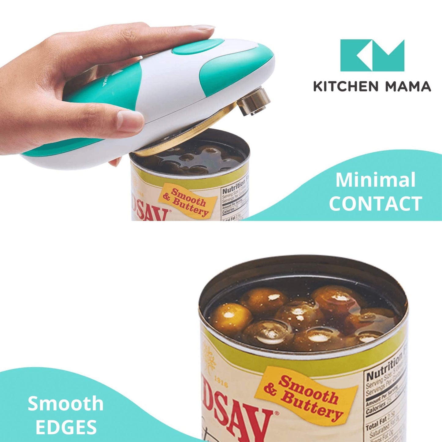 Kitchen Mama Auto Electric Can Opener Christmas Gift Ideas: Open Your Cans with A Simple Press of Button - Automatic, Hands Free, Smooth Edge, Food-Safe, Battery Operated, YES YOU CAN (Teal)