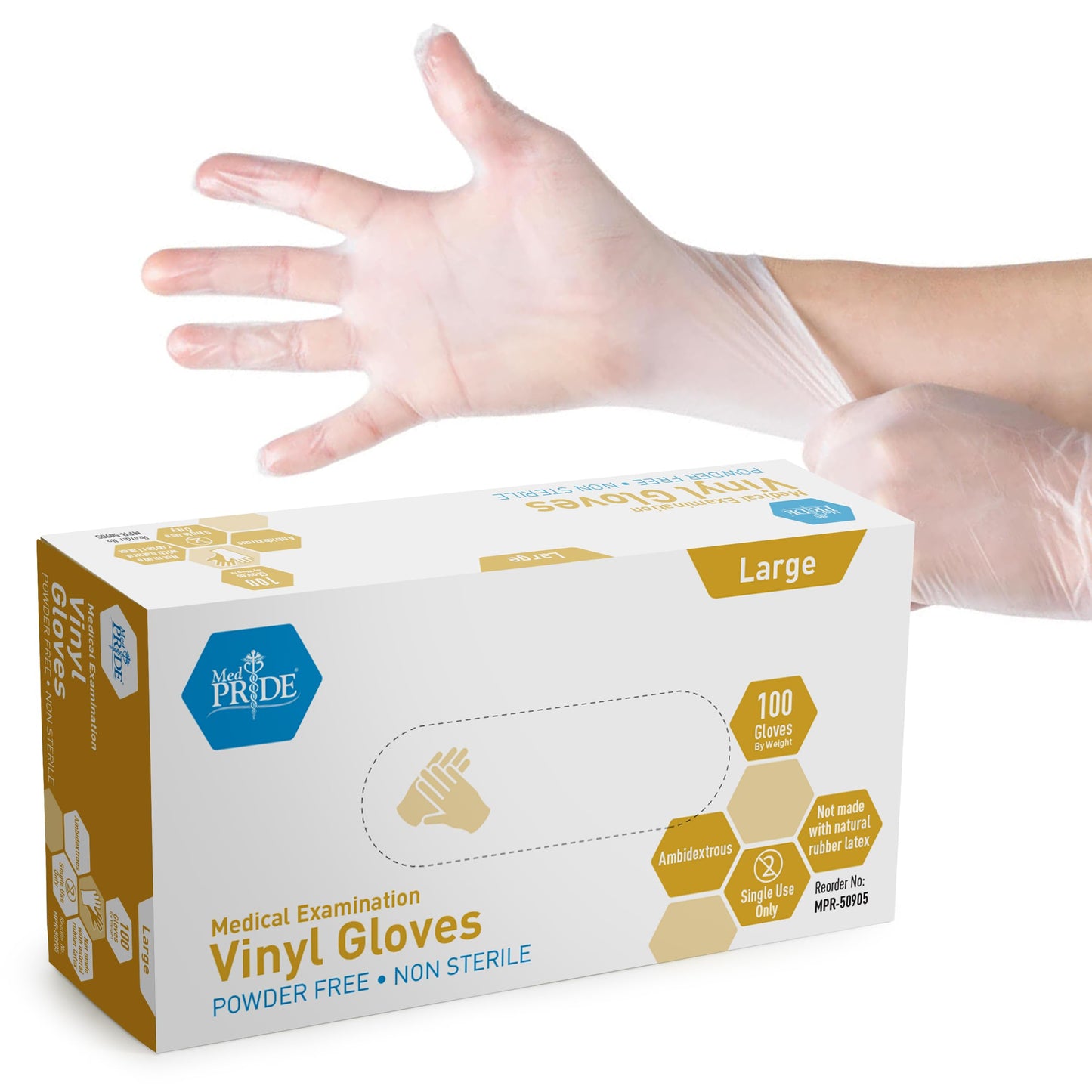 Med PRIDE Medical Vinyl Examination Gloves (Large, 100-Count) Latex Free Rubber | Disposable, Ultra-Strong, Clear | Fluid, Blood, Exam, Healthcare, Food Handling Use | No Powder