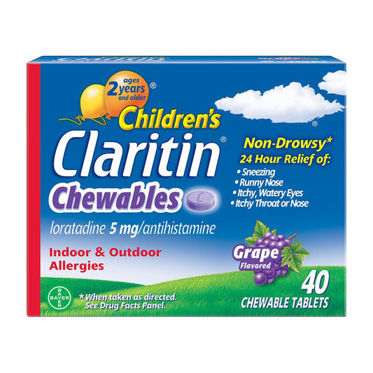 Claritin Children's Chewables 24 Hour Allergy Relief, Non Drowsy Kids Allergy Medicine, Grape Antihistamine Chewable Tablets, For Children 2 Years and Older, 40 Count