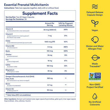 Ritual Prenatal Vitamins: Folate & Choline for Neural Tube Support, Omega-3 DHA for Fetal Brain Development, Iron, Calcium-Helper D3 & K2, Non-GMO, Citrus Essenced, 30 Day Supply, 60 Vegan Capsules