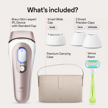 Braun IPL Long-lasting Laser Hair Removal Device for Women & Men, Skin i·Expert, at Home Hair Removal, w/ Free App, Vanity Case, Venus Razor, 4 Smart Heads, Alternative for Laser Hair Removal, PL7387