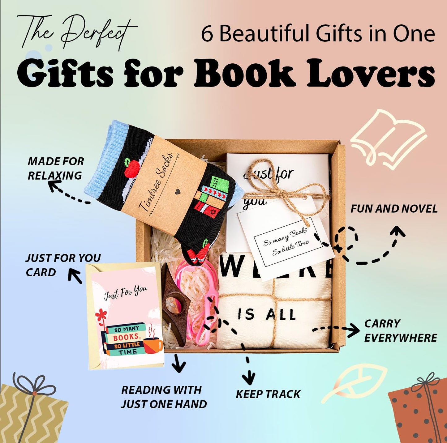 Book Lovers Gifts Box - The Perfect 5 Curated Reading Gifts for Book Lovers -in a Beautifully Packed Box, Includes a Tote Bag Comfy Socks Book Mark and More - Ideal Gifts for Readers for Christmas