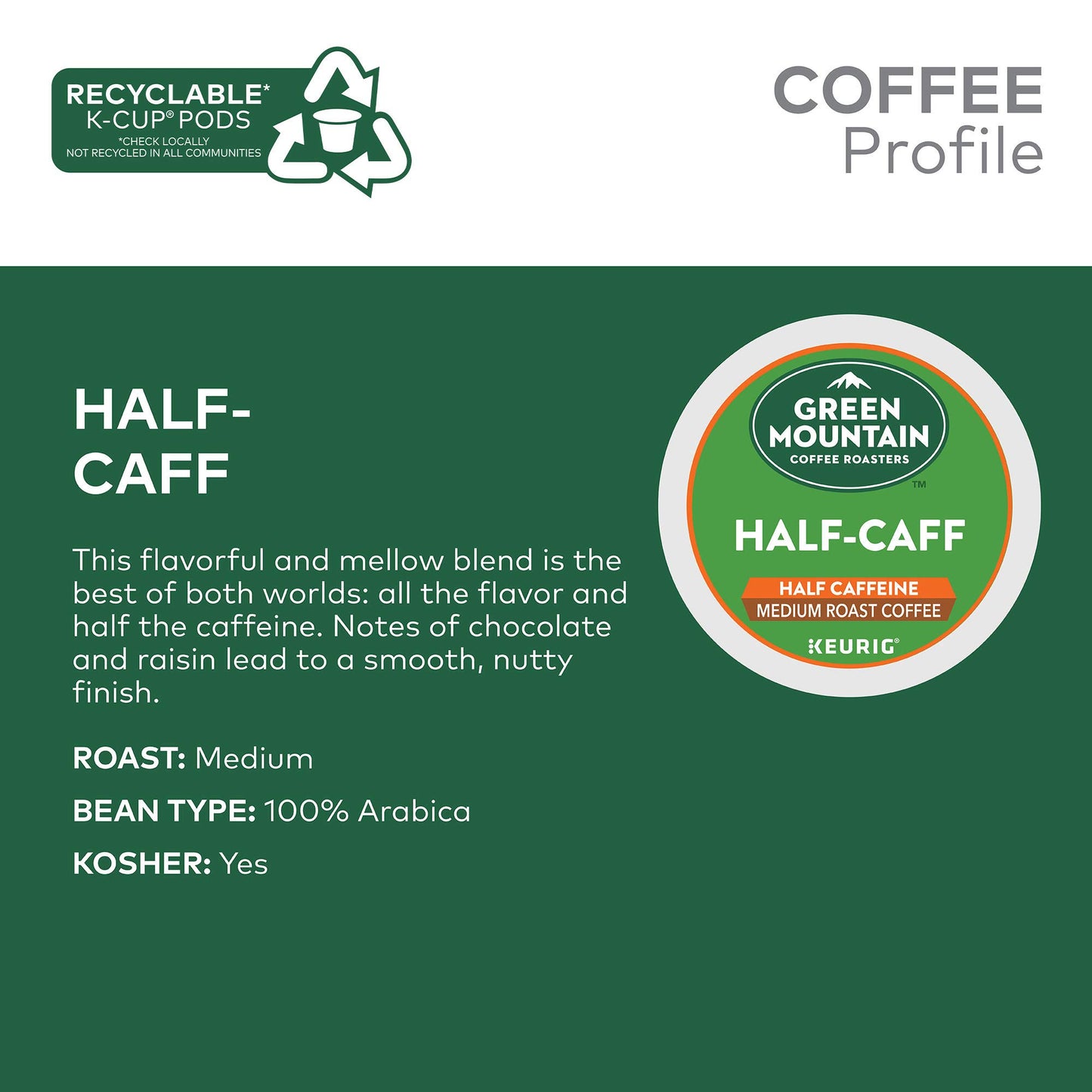 Green Mountain Coffee Roasters Half Caff Keurig Single-Serve K-Cup pods, Medium Roast Coffee, 72 Count (6 Packs of 12)