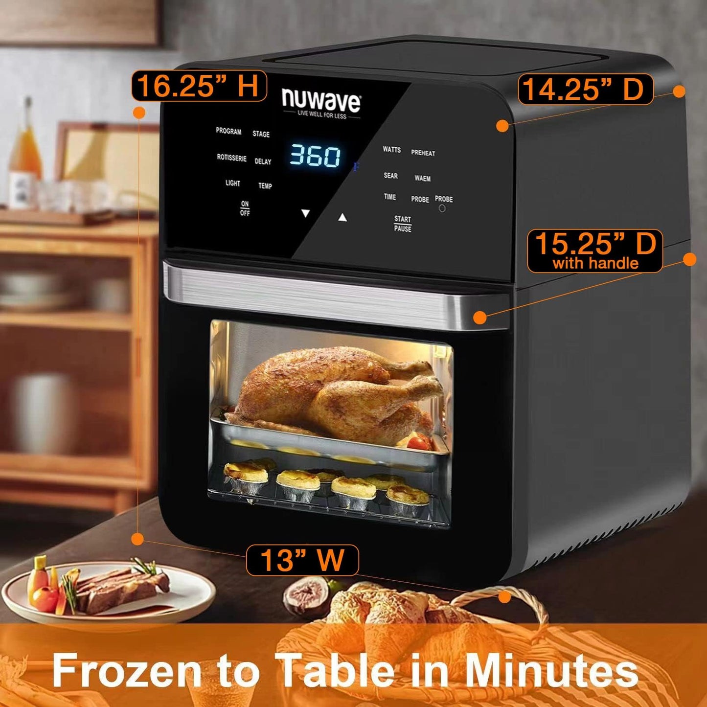 Nuwave Brio 15.5Qt Air Fryer Rotisserie Oven, X-Large Family Size, Powerful 1800W, 4 Rack Positions, 50°-425°F Temp Controls, 100 Presets & 50 Memory, Integrated Smart Thermometer, Linear T Technology