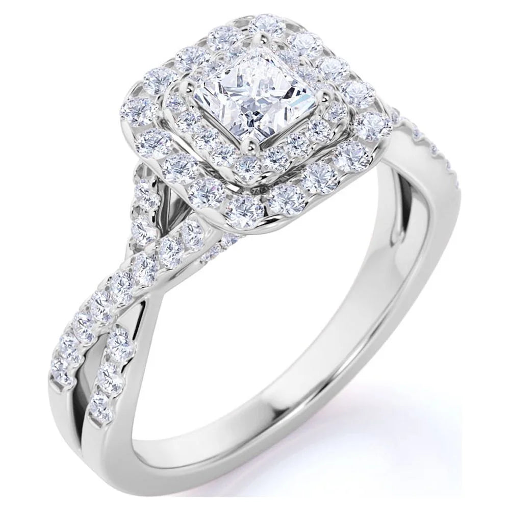 Elegant 1 Carat - Square Cut Diamond - Twisted Band - Pave - Double Halo Engagement Ring - 10K White Gold