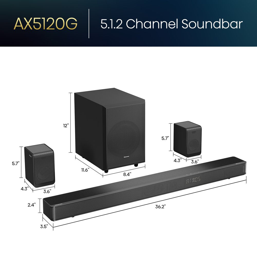 Hisense AX Series 5.1.2 Ch 420W Soundbar with Wireless Subwoofer, Wireless Rear Speakers, and Dolby Atmos (AX5120G, 2023 Model)