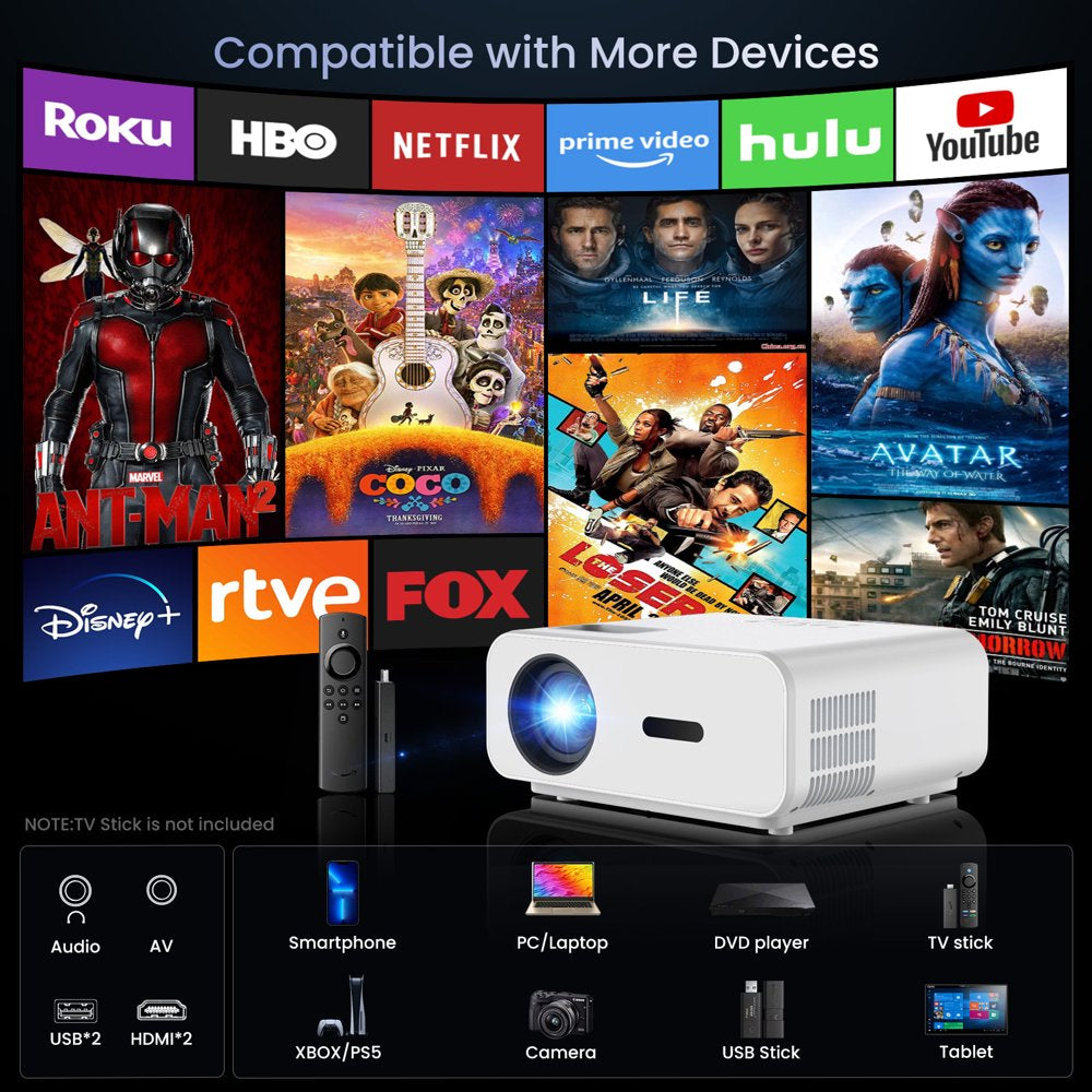 AUOSHI Projector with WiFi and Bluetooth, 5G WiFi Native 1080P 11000LM 4K Supported, Smart Portable Outdoor Projector w/Hdmi 200'' Display for Home Theater