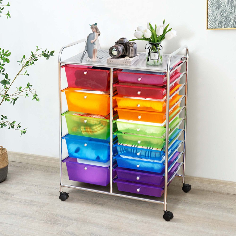 Costway 15 Drawer Rolling Storage Cart Tools Scrapbook Paper Office School Organizer Colorful