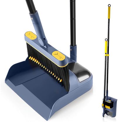 JEHONN 54 inches Long Handle Broom and Dustpan Set for Home (Dark Blue)