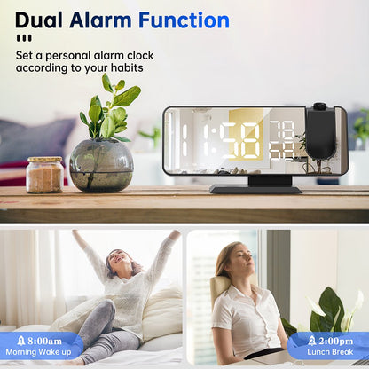 Projection Alarm Clock for Bedroom, Digital Alarm Clock Radio with USB Charger Ports, 7.3" Large LED Screen & 4 Adjustable Dimmer, Dual Alarm Clock with Temperature & Humidity Display, Snooze (Black)