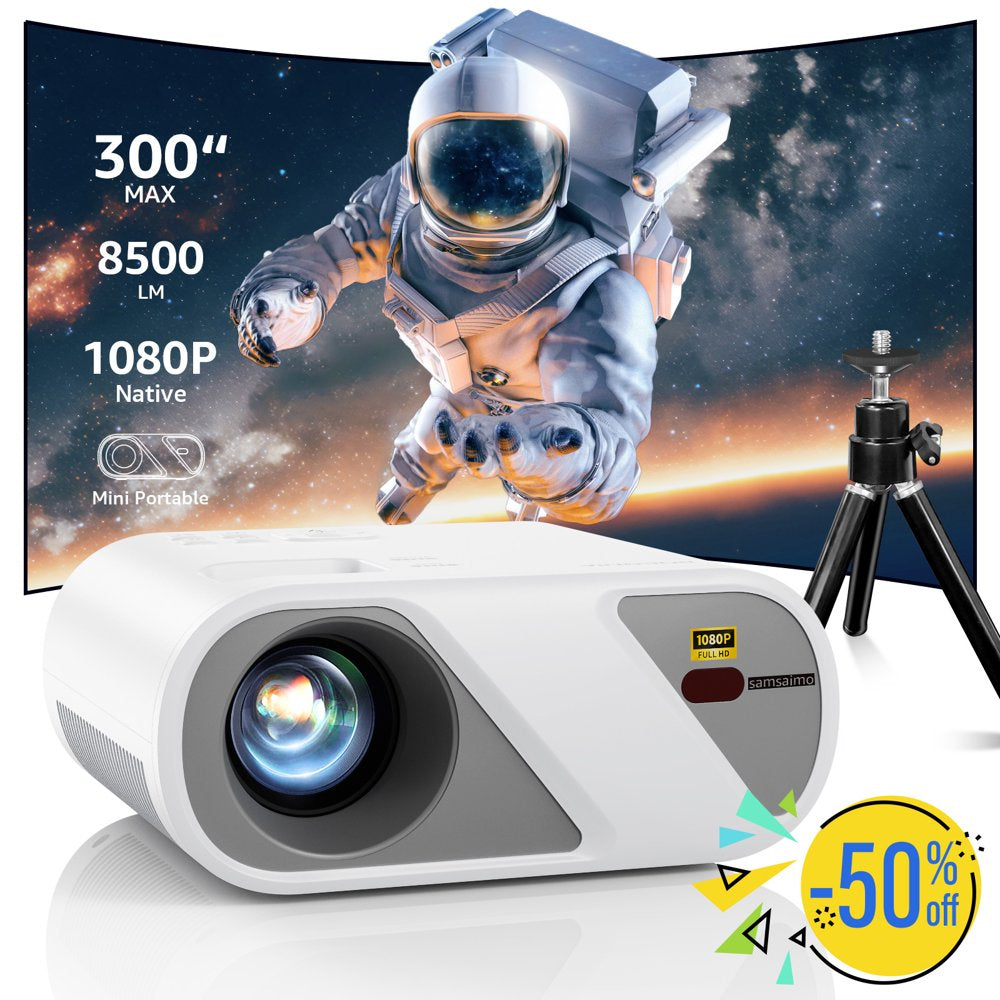 8500LM Mini Projector with Tripod, Full HD 1080P Portable Outddor Movie Projector,LCD Technology 300"Display Projector , White，Projector with Tripod