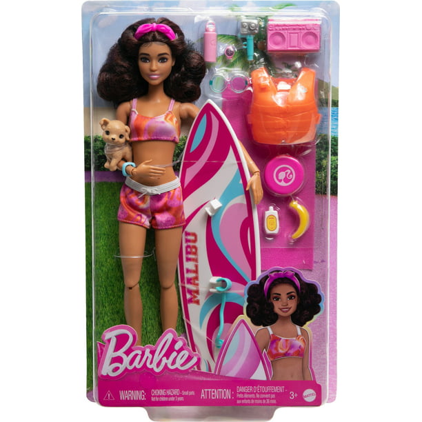 Barbie Doll with Surfboard and Puppy, Poseable Brunette Barbie Beach Doll