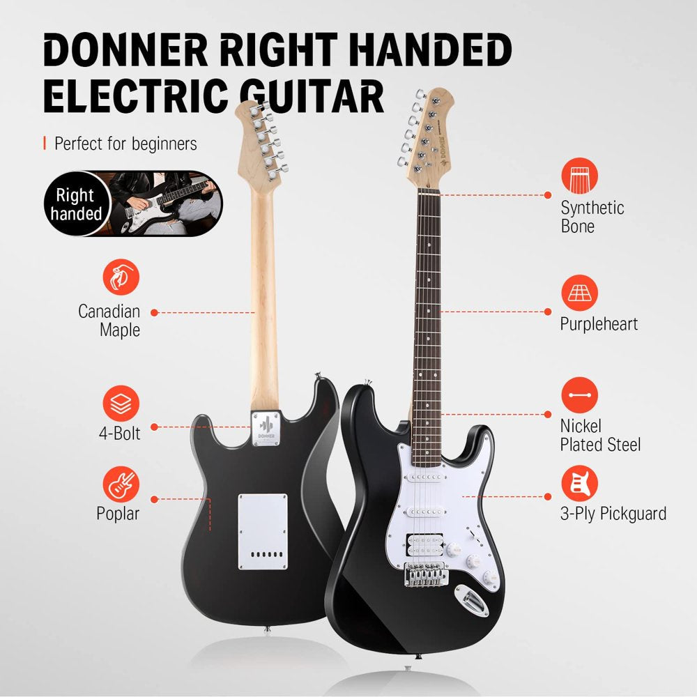  39" Electric Guitar Beginner Kit Solid Body Full Size HSS for Starter, with Amplifier, Bag, Digital Tuner, Capo, Strap, String, Cable, Picks, Black