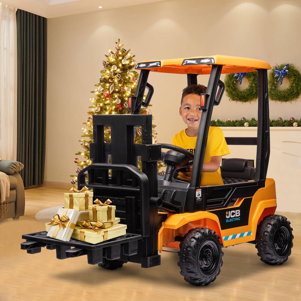 Licensed JCB 12V Powered Ride on Car to Forklift, Toddler Ride on Toy with Lifting Pallet, Remote Control, Trunk, 4 Wheels Electric Construction Vehicle for Kids 3-8 Years Old, Yellow