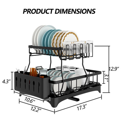 PHANCIR Dish Drying Rack for Kitchen Counter with Drainboard, Detachable Stainless Steel 2 Tier Large Dish Racks Drainer Sink Organizer with Utensils Holder and Cup Holder, Black