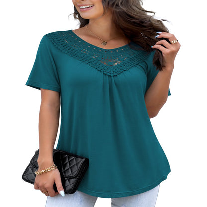 FOLUNSI Women's Plus Size Summer Tops Short Sleeve Lace Pleated Blouses Tunic Tops M-4XL