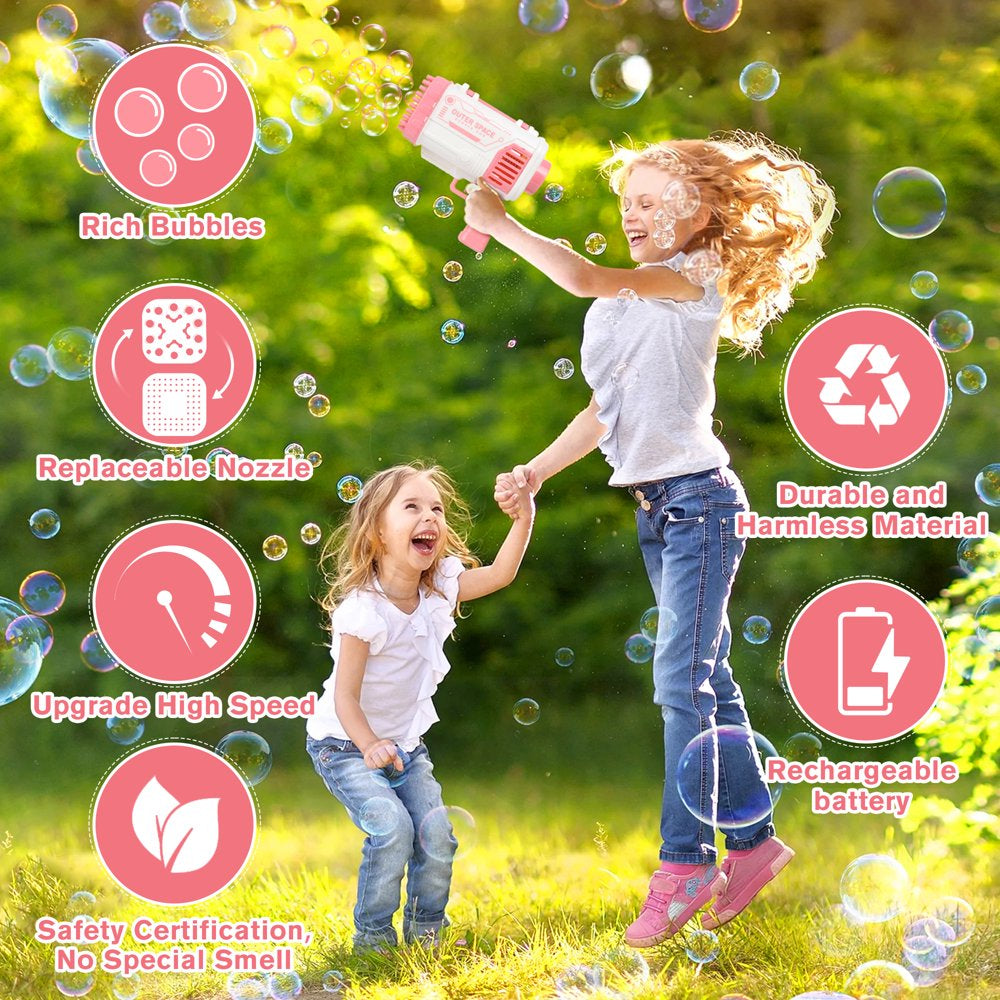 Bubble Machine,80 Holes Bubble Blowing Toys with Replaceable Nozzles,2 Bubble Solution and Colorful Lights,Bubble Toys Outdoor Birthday Wedding Party(Pink & White)