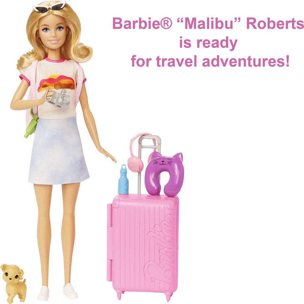 Barbie Malibu Doll & 10+ Accessories, Travel Set with Pink Working Suitcase, Blonde Fashion Doll