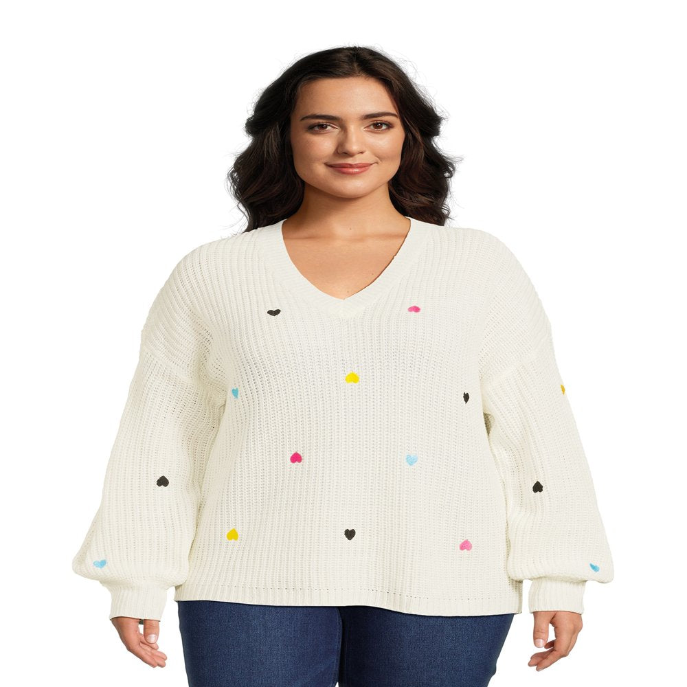 What's Next Women's Plus Size V-Neck Pullover with Heart Embroidery