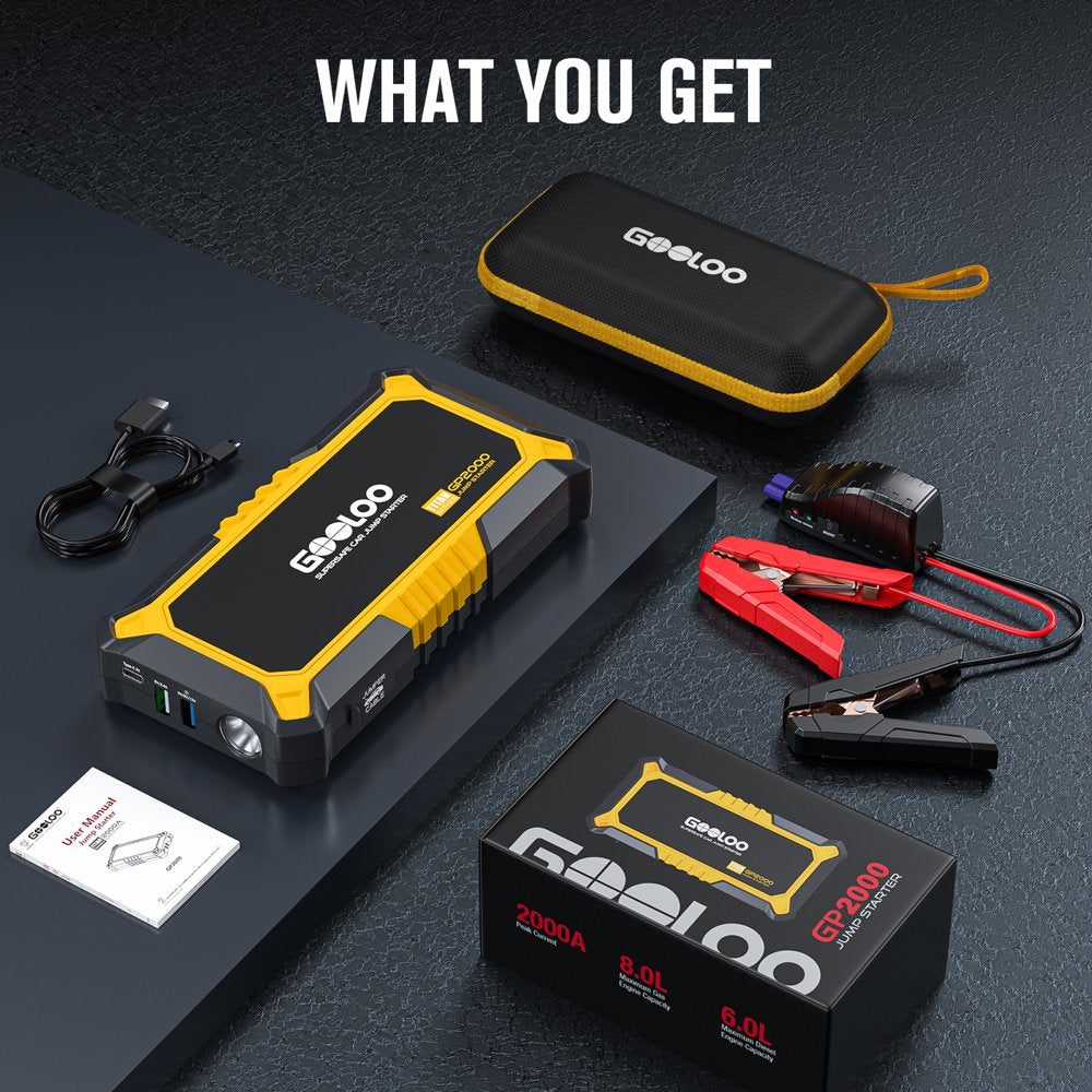 GOOLOO Car Jump Starter,2000A Peak 12V Jumper Box(Up to 8.0L Gas and 6.0L Diesel Engine),SuperSafe Portable Lithium Battery Booster Pack with USB Quick Charge