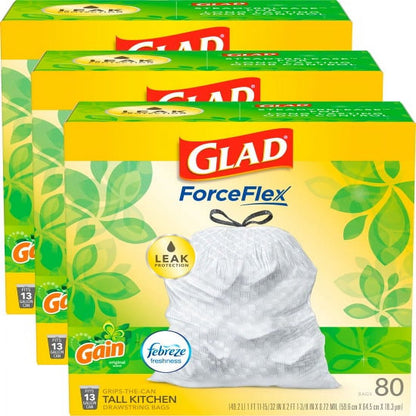 Glad ForceFlex 13 Gallon Tall Kitchen Trash Bags, Gain Original Scent, Febreze Freshness, 40 Bags