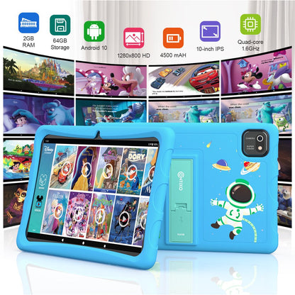 Contixo 10" Android Kids Tablet 64GB, Includes 80+ DisneyStorybooks & Stickers, Kid-Proof Case with Kickstand, (2023 Model) - Blue