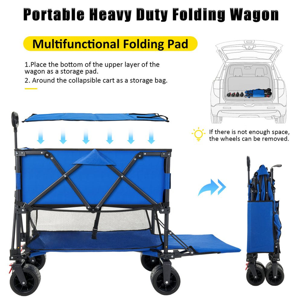 Folding Double Decker Garden Wagon, VECUKTY Heavy Duty Collapsible Wagon Cart with 54" Lower Decker, All-Terrain Big Wheels for Camping, Sports, Shopping, Garden and Beach, Support Up to 500lbs, Blue