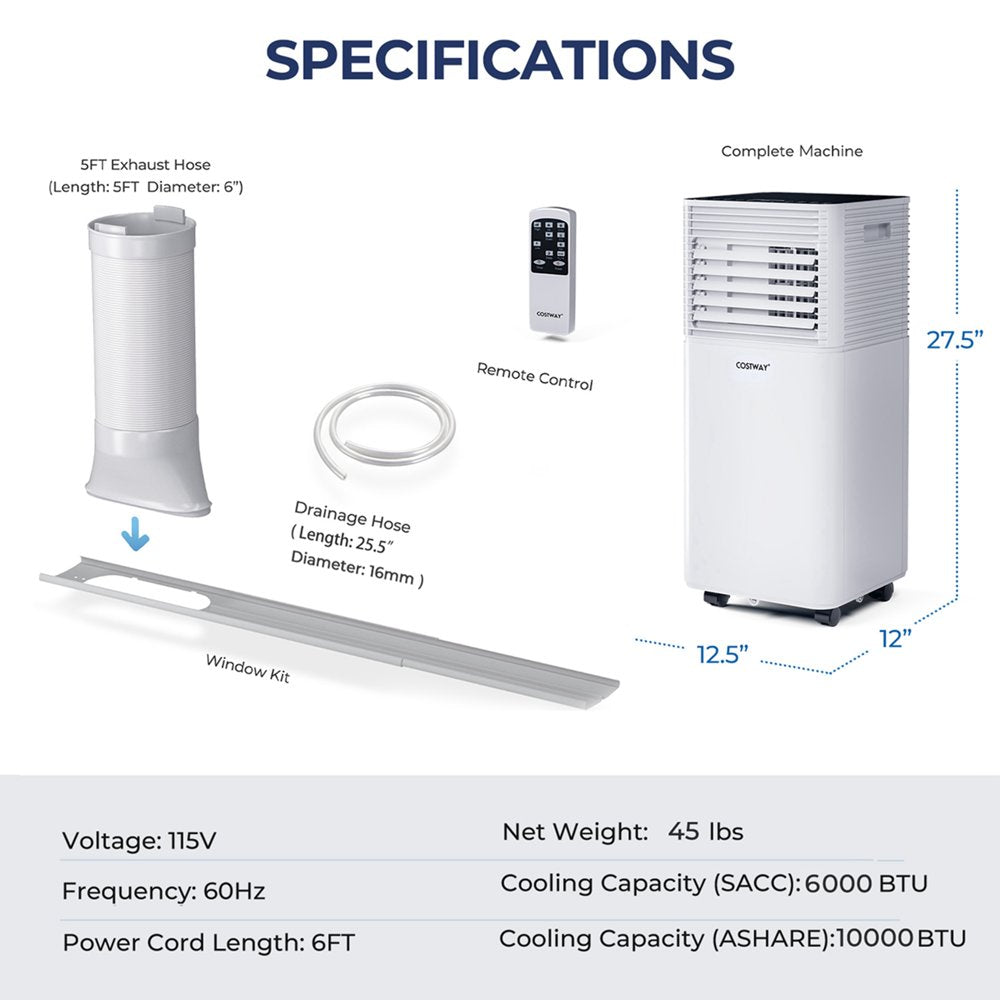 Costway 6000 BTU (10000 BTU ASHRAE) Portable Air Conditioner 3-In-1 Air Cooler W/Dehumidifier & Fan Mode