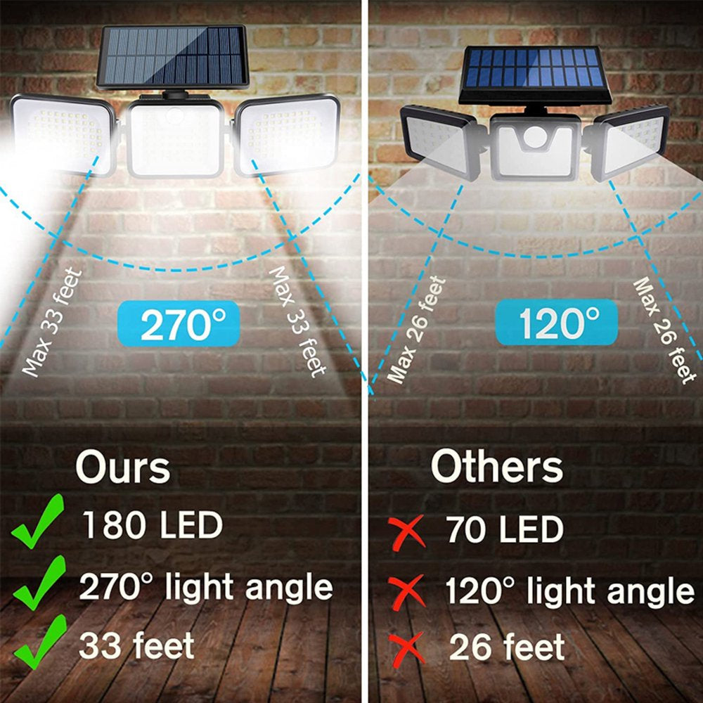 Solar Lights Outdoor, 180 LED Solar Motion Sensor Security Lights, Solar Flood Lights with 3 Lighting Modes, IP65 Waterproof for Garage Yard