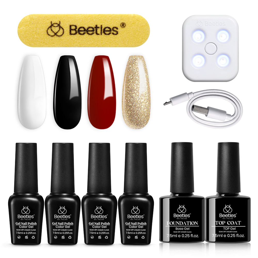  Gel Nail Polish Kit with Mini UV LED Nail Lamp Base Gel Top Coat, Soak off Popular Black White Red Glitter 4 Colors Starter Kit, for DIY Home Manicure Nail Art.