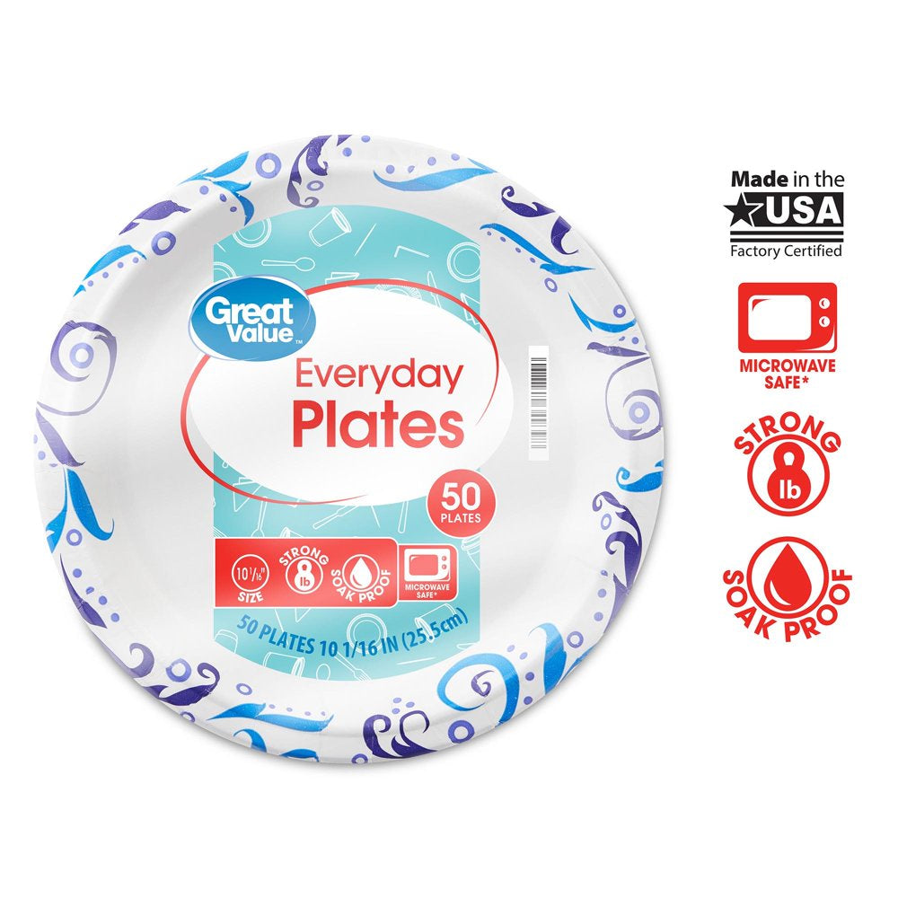 Great Value Everyday Strong, Soak Proof, Microwave Safe, Disposable Paper Plates, 10", Patterned, 50 Count