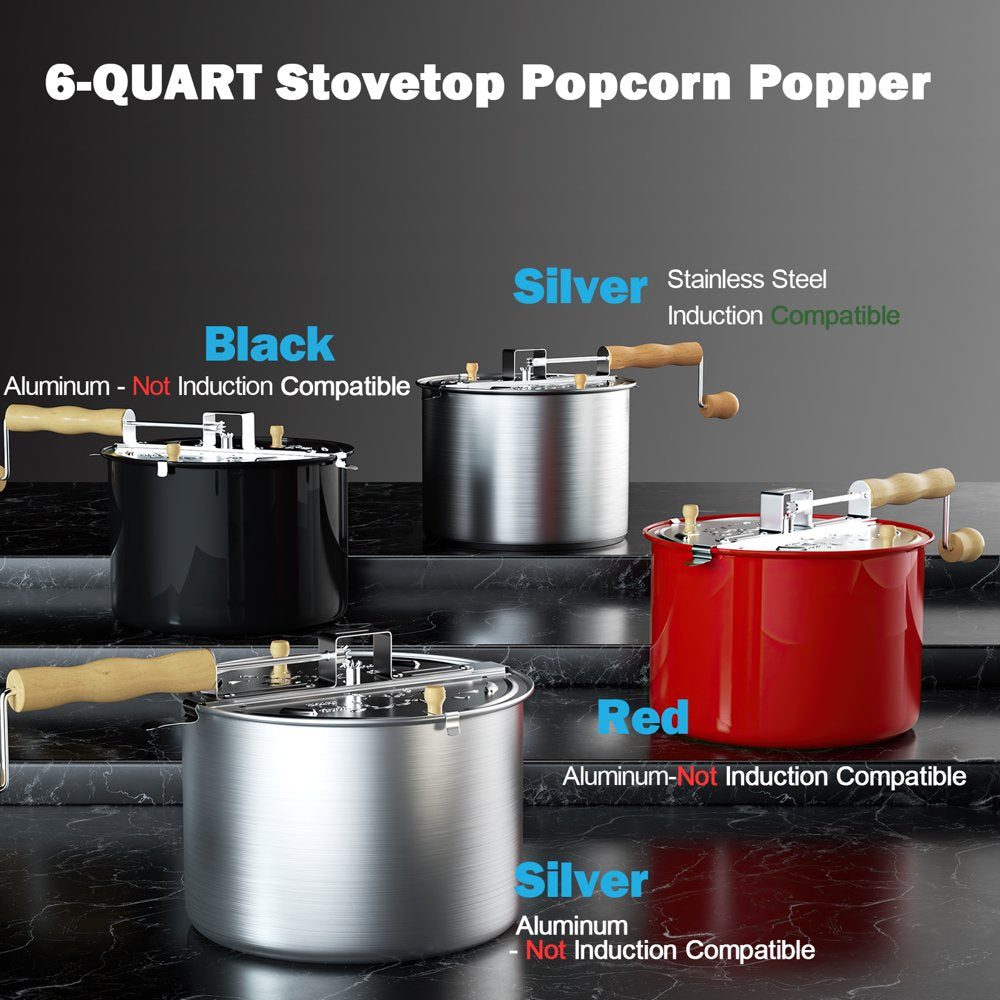  Stovetop Popcorn Popper with Crank, 6-Quart Aluminum Popcorn Pot, Silver